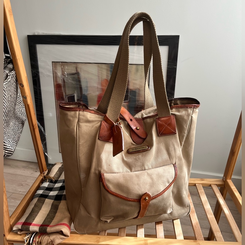 Vintage Polo Ralph Lauren Canvas Tote With Leather Trim, Unisex
